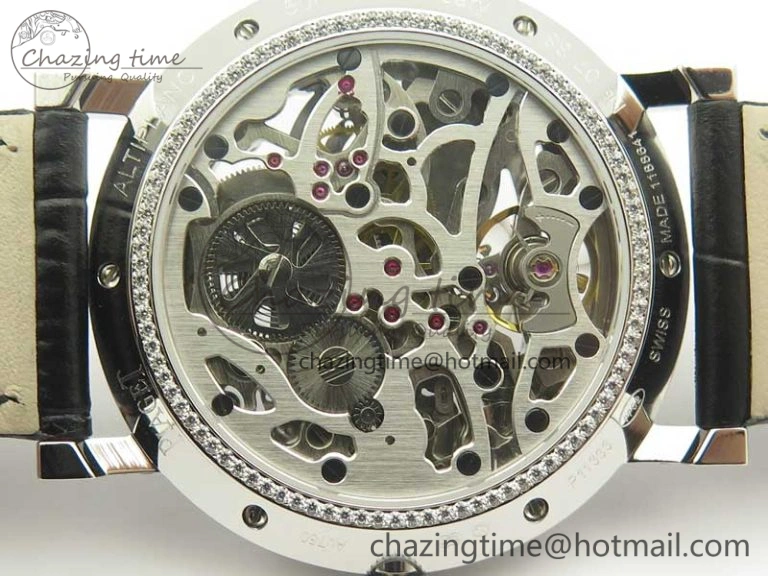 Tradition SS BBR Best Edition Diamond Paved Skeleton Dial on Black Leather Strap A23J