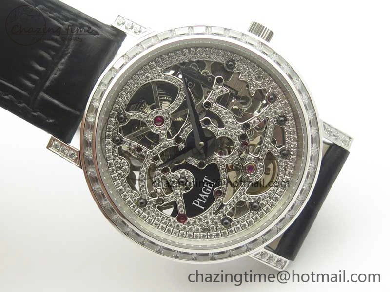 Tradition SS BBR Best Edition Diamond Paved Skeleton Dial on Black Leather Strap A23J
