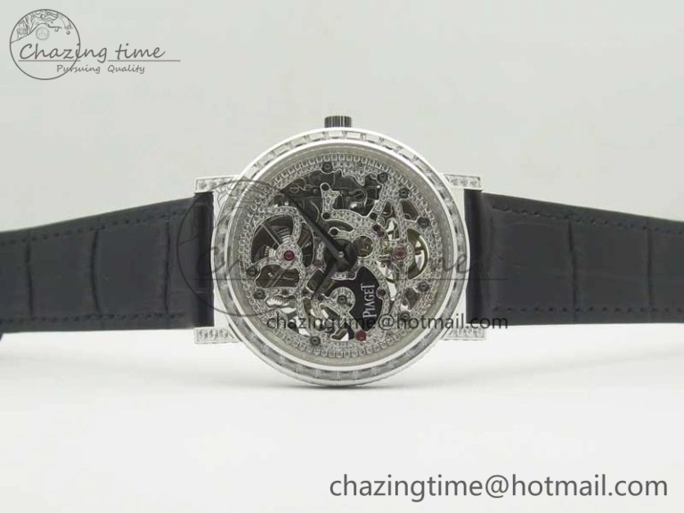 Tradition SS BBR Best Edition Diamond Paved Skeleton Dial on Black Leather Strap A23J