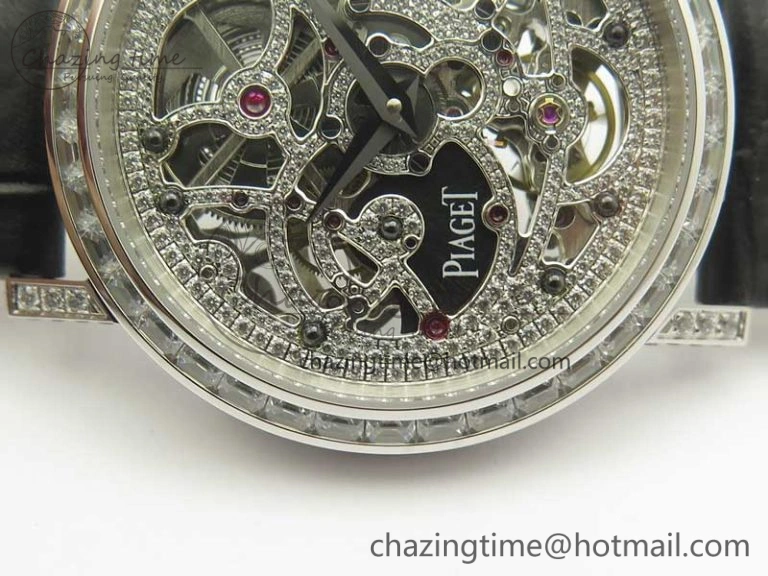 Tradition SS BBR Best Edition Diamond Paved Skeleton Dial on Black Leather Strap A23J