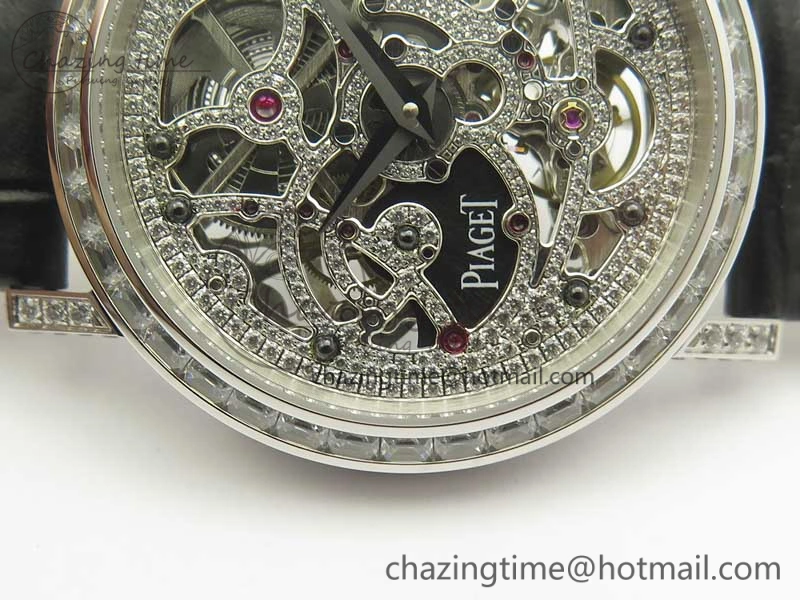 Tradition SS BBR Best Edition Diamond Paved Skeleton Dial on Black Leather Strap A23J