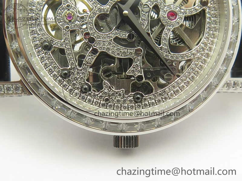 Tradition SS BBR Best Edition Diamond Paved Skeleton Dial on Black Leather Strap A23J