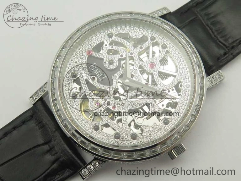 Tradition SS BBR Best Edition Diamond Paved Skeleton Dial on Black Leather Strap A23J