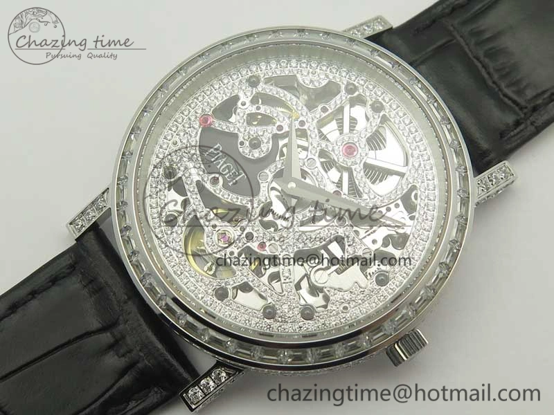Tradition SS BBR Best Edition Diamond Paved Skeleton Dial on Black Leather Strap A23J