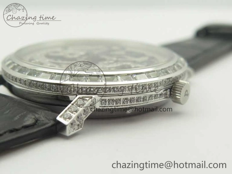 Tradition SS BBR Best Edition Diamond Paved Skeleton Dial on Black Leather Strap A23J