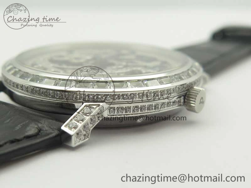 Tradition SS BBR Best Edition Diamond Paved Skeleton Dial on Black Leather Strap A23J