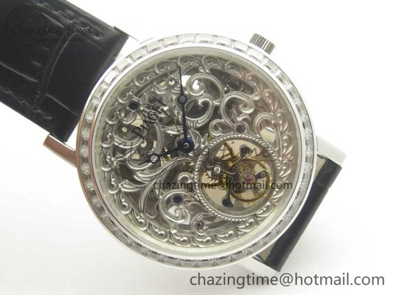 Tradition Tourbillon SS BBR Best Edition Full Diamond Paved Skeleton Dial on Black Leather Strap