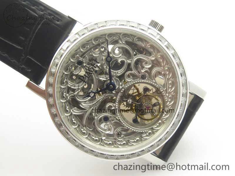 Tradition Tourbillon SS BBR Best Edition Full Diamond Paved Skeleton Dial on Black Leather Strap