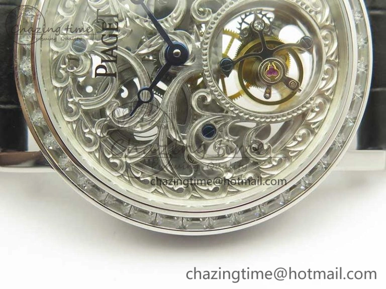 Tradition Tourbillon SS BBR Best Edition Full Diamond Paved Skeleton Dial on Black Leather Strap