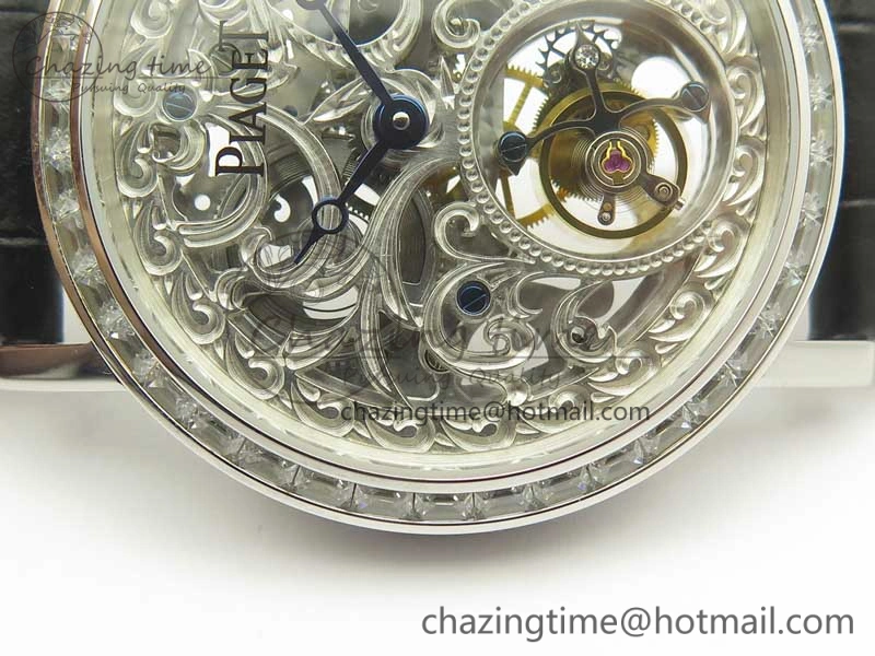 Tradition Tourbillon SS BBR Best Edition Full Diamond Paved Skeleton Dial on Black Leather Strap