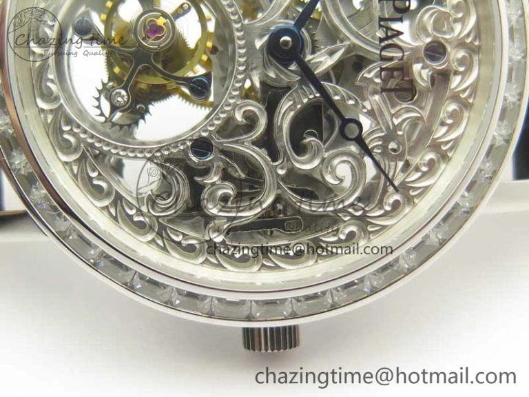 Tradition Tourbillon SS BBR Best Edition Full Diamond Paved Skeleton Dial on Black Leather Strap