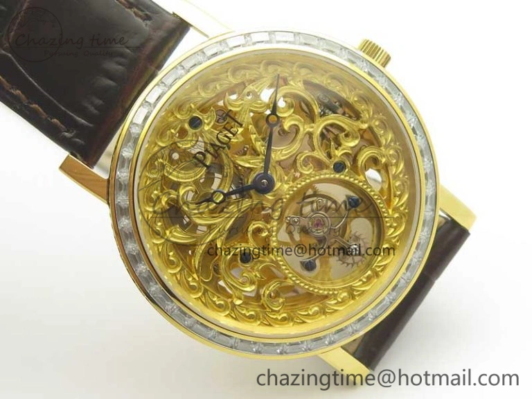 Tradition Tourbillon YG BBR Best Edition Full Diamond Paved Skeleton Dial on Brown Leather Strap