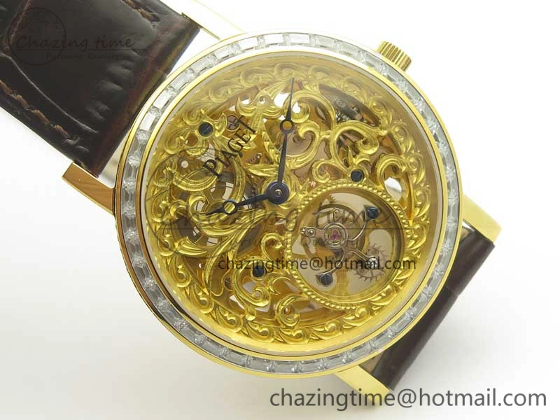 Tradition Tourbillon YG BBR Best Edition Full Diamond Paved Skeleton Dial on Brown Leather Strap