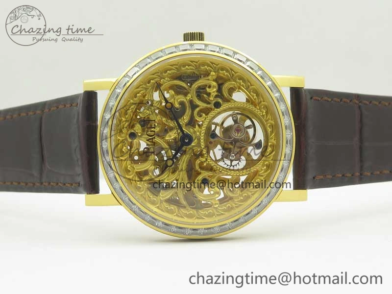 Tradition Tourbillon YG BBR Best Edition Full Diamond Paved Skeleton Dial on Brown Leather Strap