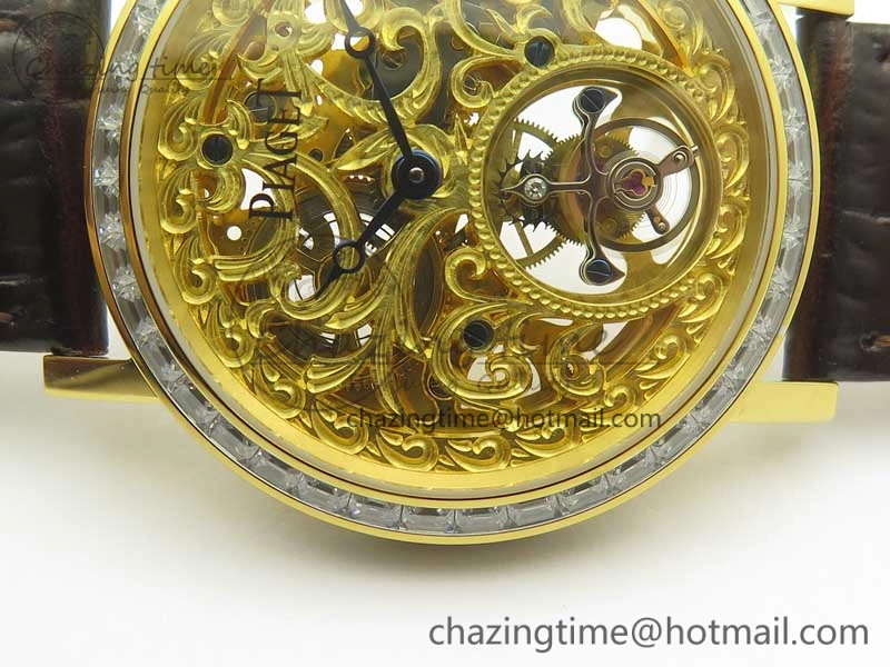 Tradition Tourbillon YG BBR Best Edition Full Diamond Paved Skeleton Dial on Brown Leather Strap