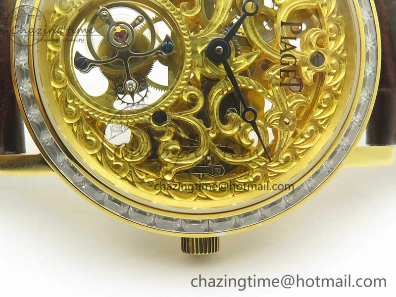 Tradition Tourbillon YG BBR Best Edition Full Diamond Paved Skeleton Dial on Brown Leather Strap