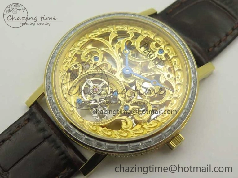 Tradition Tourbillon YG BBR Best Edition Full Diamond Paved Skeleton Dial on Brown Leather Strap
