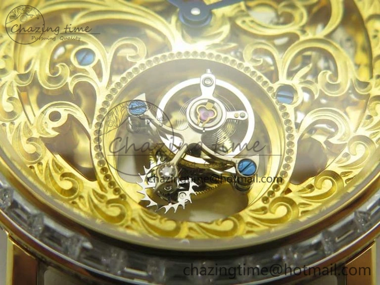 Tradition Tourbillon YG BBR Best Edition Full Diamond Paved Skeleton Dial on Brown Leather Strap
