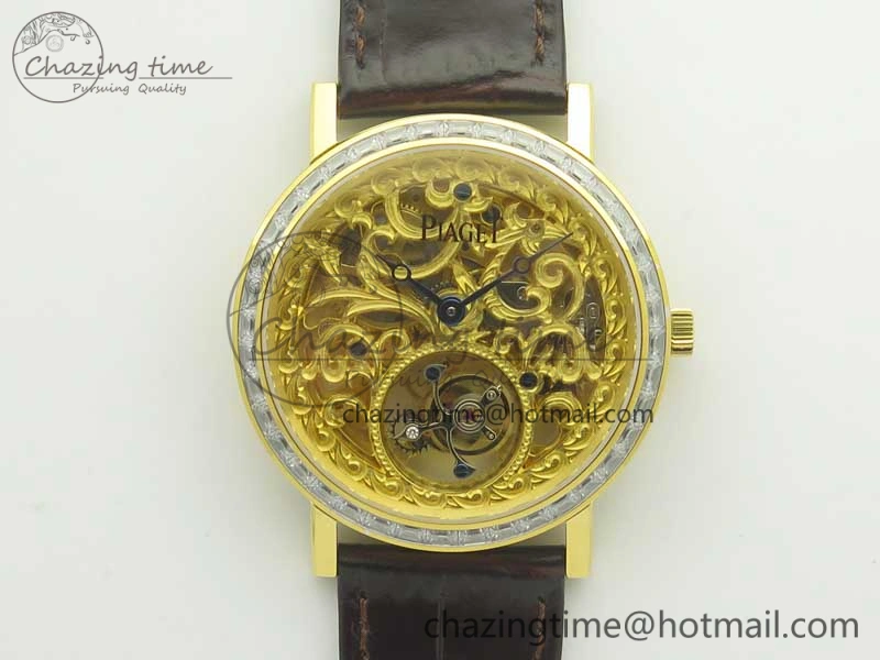 Tradition Tourbillon YG BBR Best Edition Full Diamond Paved Skeleton Dial on Brown Leather Strap