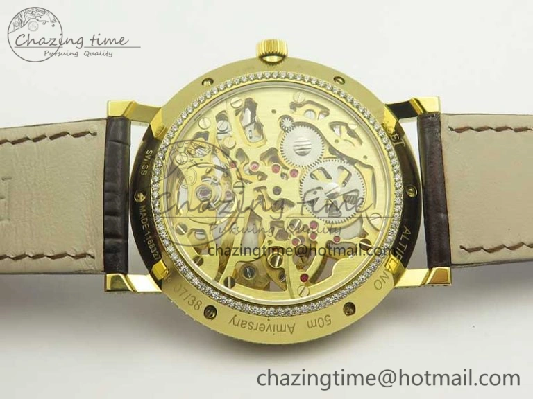 Tradition YG BBR Best Edition Diamond Paved Skeleton Dial on Brown Leather Strap A23J