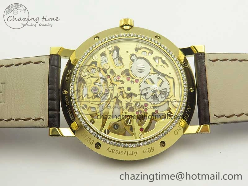 Tradition YG BBR Best Edition Diamond Paved Skeleton Dial on Brown Leather Strap A23J