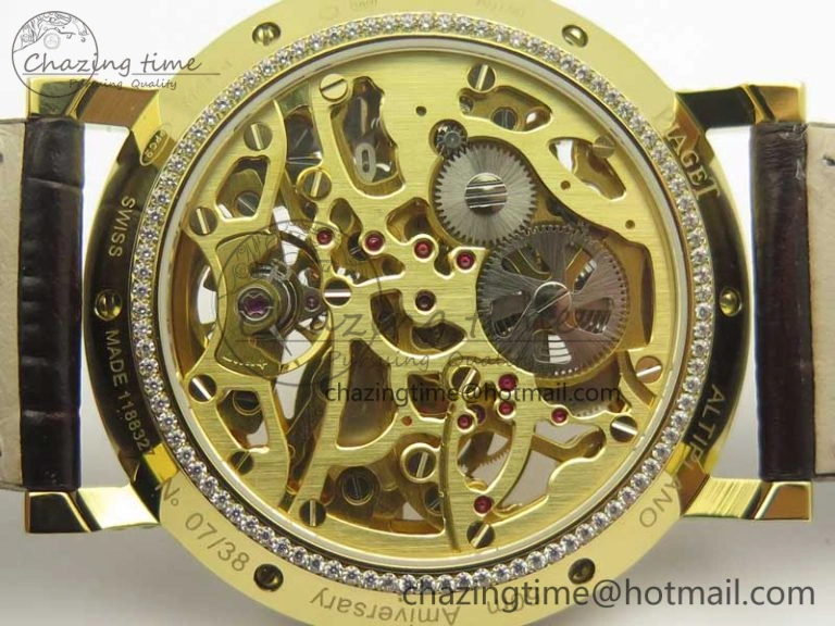 Tradition YG BBR Best Edition Diamond Paved Skeleton Dial on Brown Leather Strap A23J