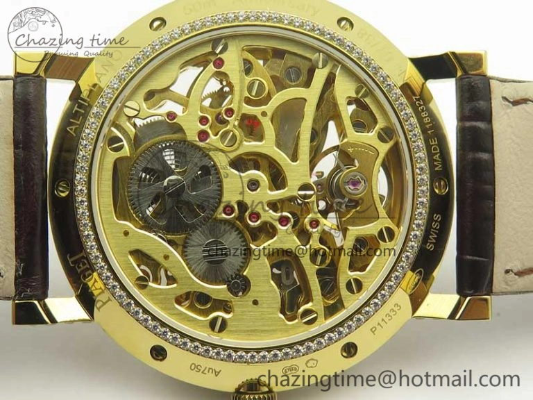 Tradition YG BBR Best Edition Diamond Paved Skeleton Dial on Brown Leather Strap A23J