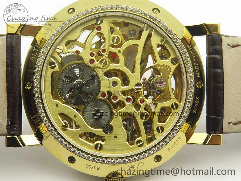 Tradition YG BBR Best Edition Diamond Paved Skeleton Dial on Brown Leather Strap A23J