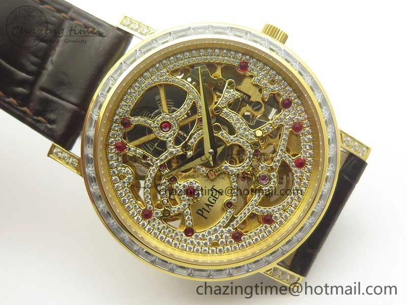 Tradition YG BBR Best Edition Diamond Paved Skeleton Dial on Brown Leather Strap A23J