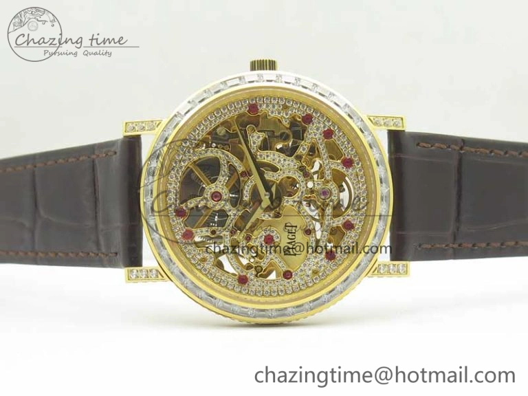 Tradition YG BBR Best Edition Diamond Paved Skeleton Dial on Brown Leather Strap A23J