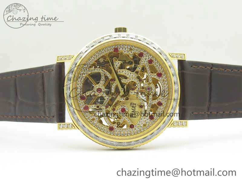 Tradition YG BBR Best Edition Diamond Paved Skeleton Dial on Brown Leather Strap A23J