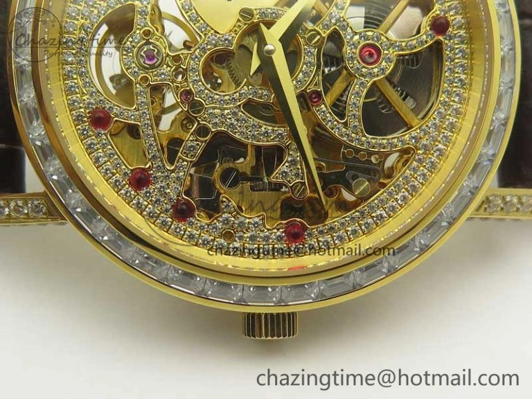 Tradition YG BBR Best Edition Diamond Paved Skeleton Dial on Brown Leather Strap A23J