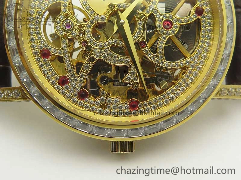 Tradition YG BBR Best Edition Diamond Paved Skeleton Dial on Brown Leather Strap A23J