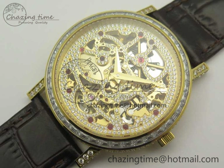 Tradition YG BBR Best Edition Diamond Paved Skeleton Dial on Brown Leather Strap A23J