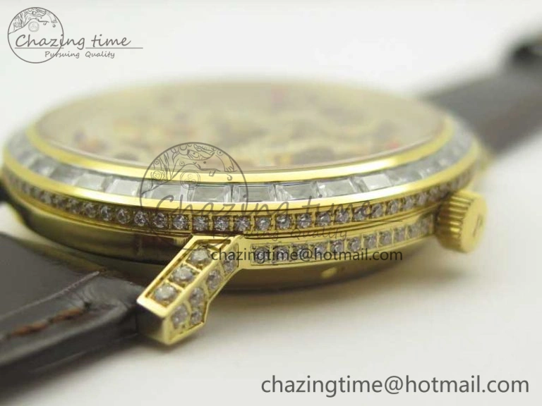 Tradition YG BBR Best Edition Diamond Paved Skeleton Dial on Brown Leather Strap A23J