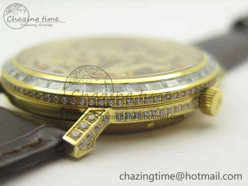 Tradition YG BBR Best Edition Diamond Paved Skeleton Dial on Brown Leather Strap A23J