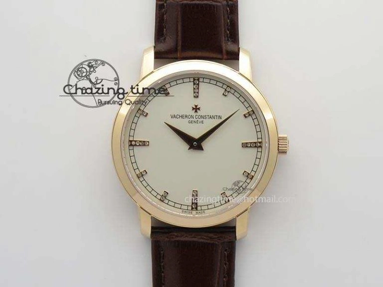 VC RG UT Best Edition White Dial Diamond Markers On Brown Leather Strap