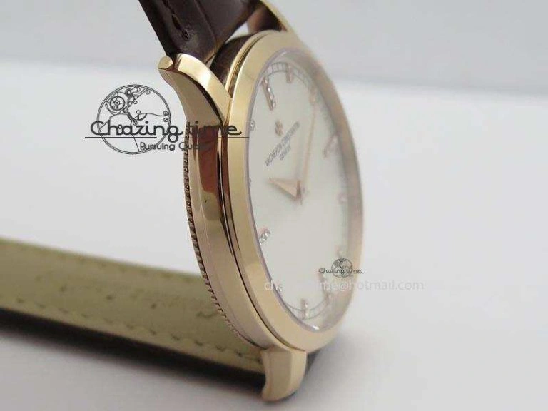 VC RG UT Best Edition White Dial Diamond Markers On Brown Leather Strap