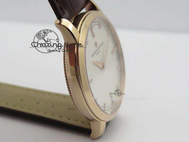 VC RG UT Best Edition White Dial Diamond Markers On Brown Leather Strap