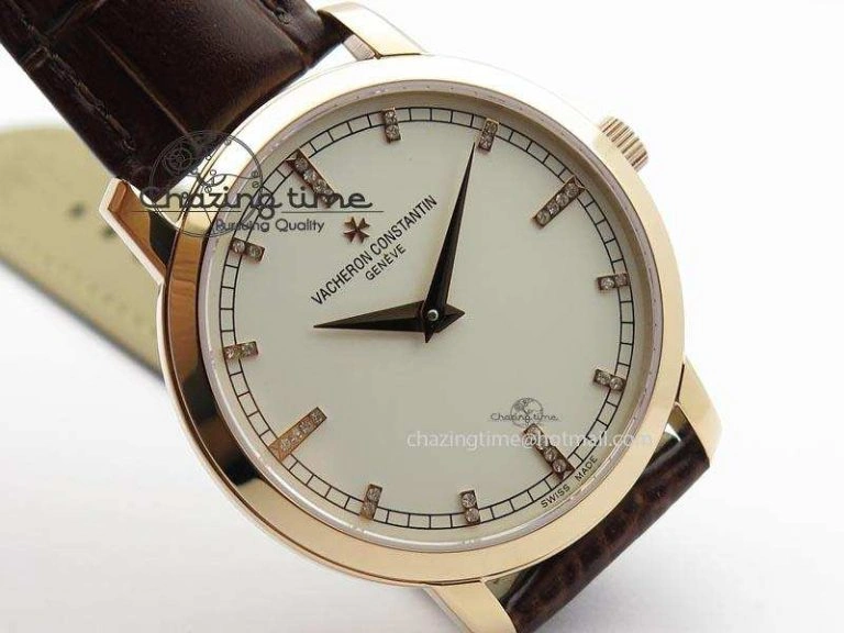 VC RG UT Best Edition White Dial Diamond Markers On Brown Leather Strap