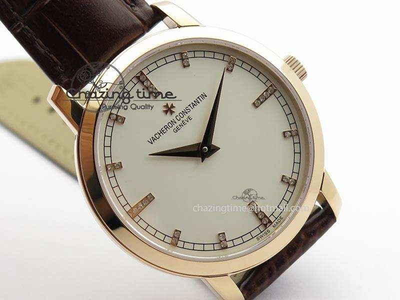 VC RG UT Best Edition White Dial Diamond Markers On Brown Leather Strap