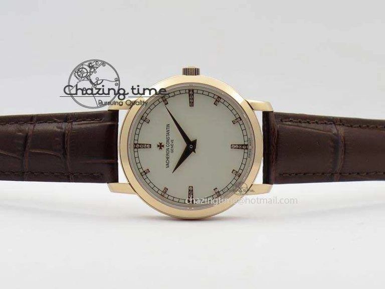VC RG UT Best Edition White Dial Diamond Markers On Brown Leather Strap