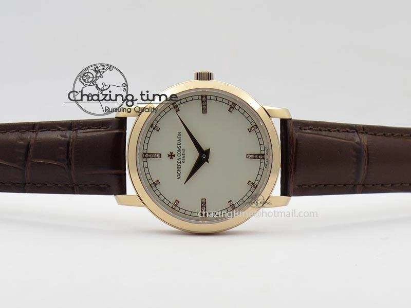 VC RG UT Best Edition White Dial Diamond Markers On Brown Leather Strap