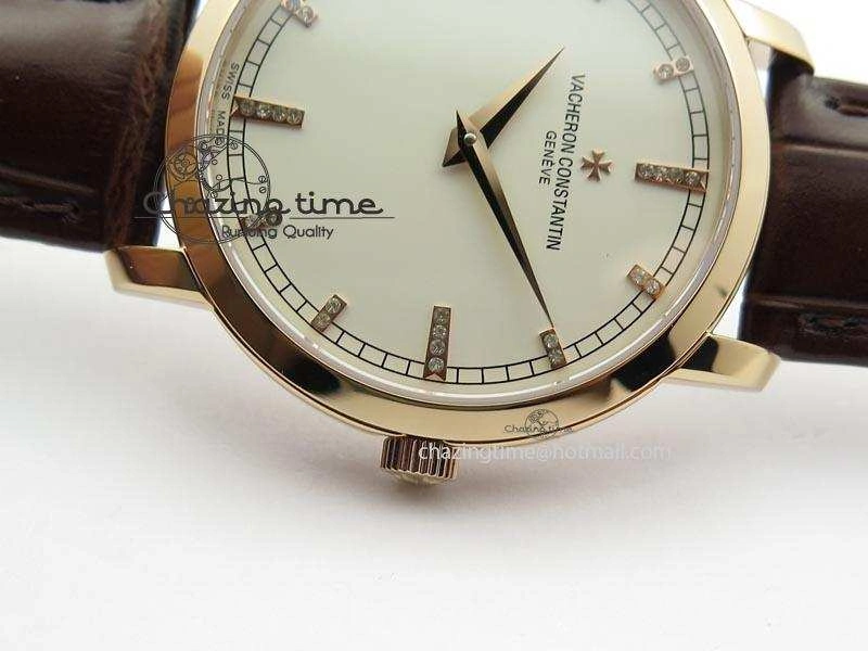 VC RG UT Best Edition White Dial Diamond Markers On Brown Leather Strap