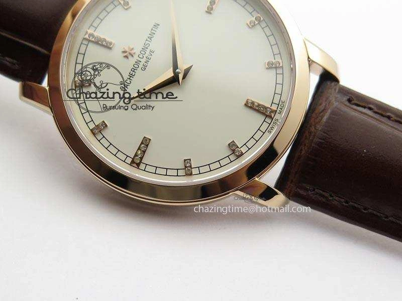 VC RG UT Best Edition White Dial Diamond Markers On Brown Leather Strap