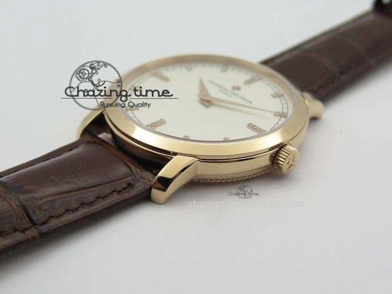 VC RG UT Best Edition White Dial Diamond Markers On Brown Leather Strap