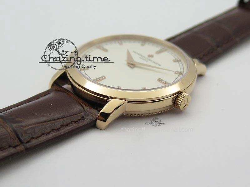 VC RG UT Best Edition White Dial Diamond Markers On Brown Leather Strap