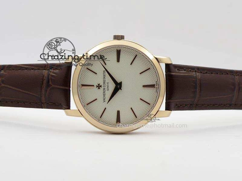 VC RG UT Best Edition White Textured Dial On Brown Leather Strap