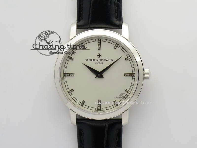 VC SS UT Best Edition White Dial Diamond Markers On Black Leather Strap