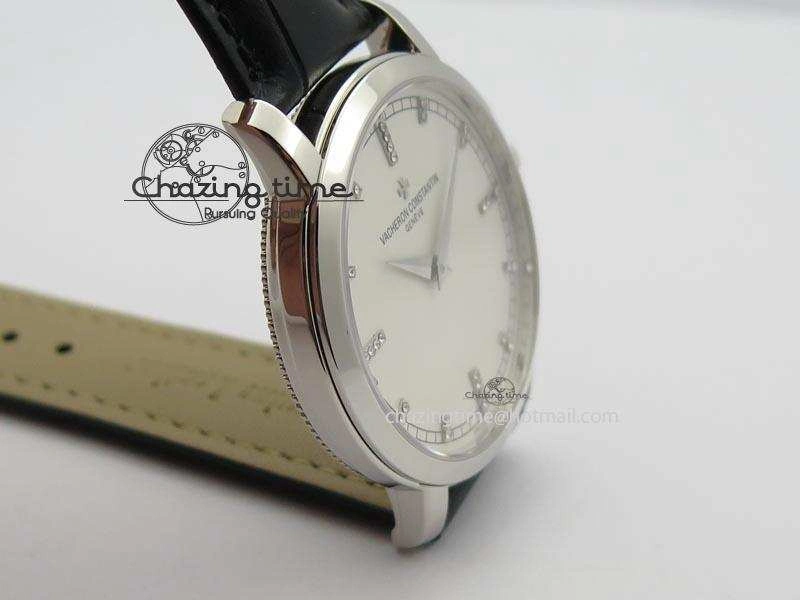 VC SS UT Best Edition White Dial Diamond Markers On Black Leather Strap